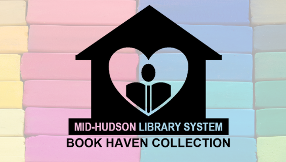 Image of a rainbow colored stack of books behind the MHLS Book Haven Logo.